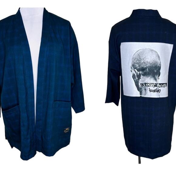 BLUFF Commercial Creation Robe Kimono Jacket ONE SIZE Mens Streetwear Plaid Blue - Picture 1 of 12